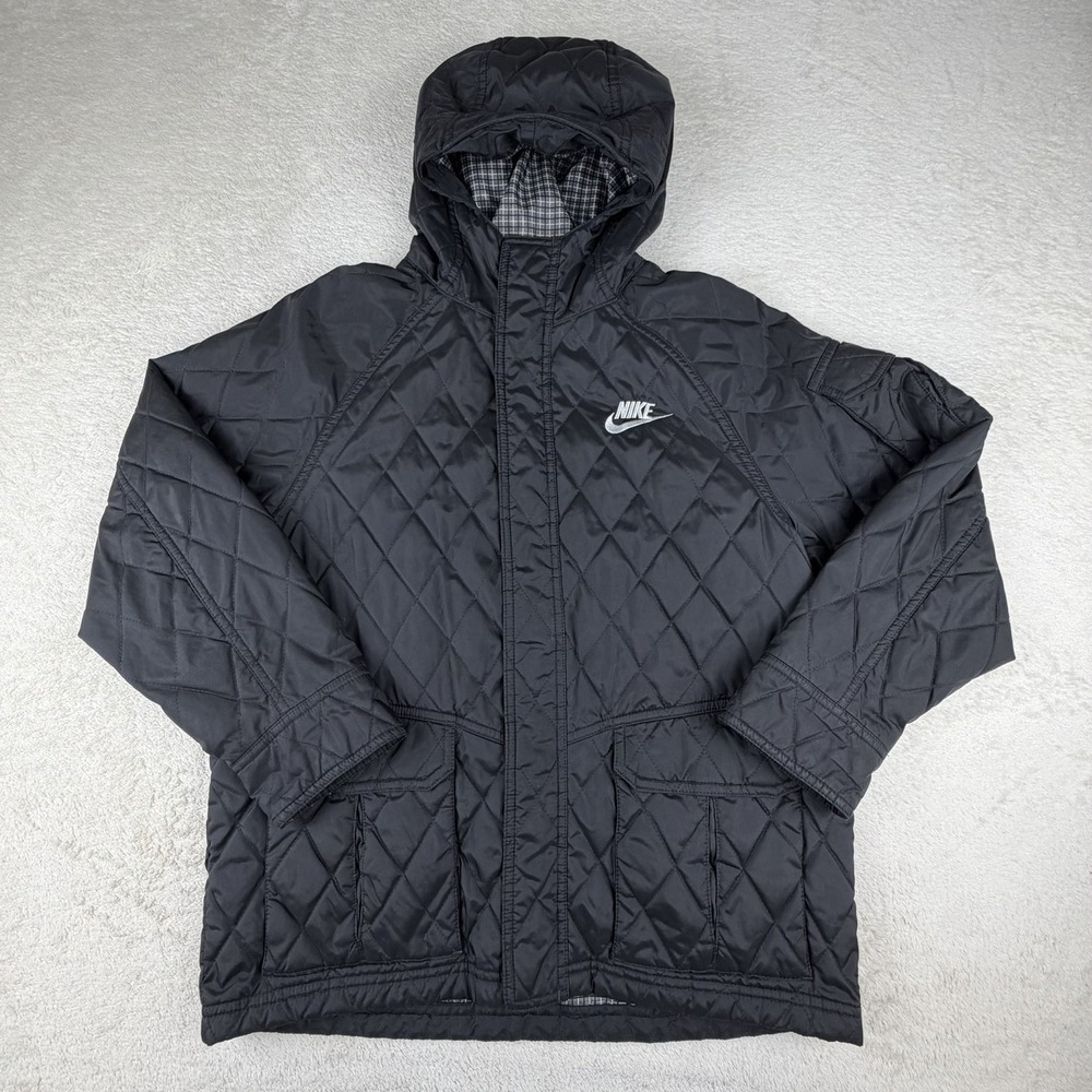 Nike Quilted Hooded Jacket Youth Medium Black Puffer Coat Kids 10-12 READ